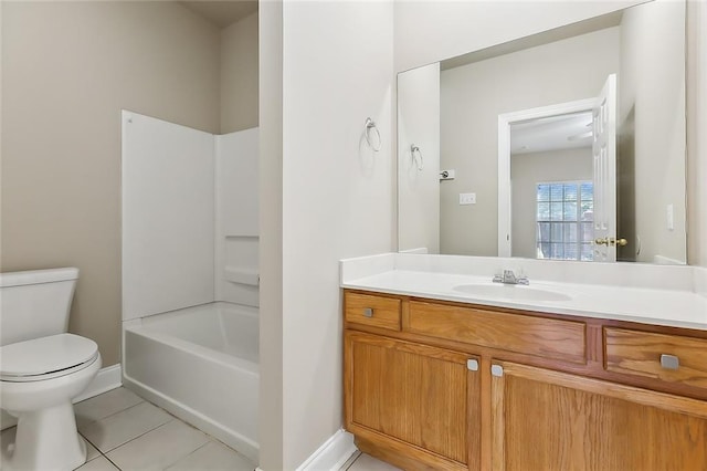 full bathroom featuring toilet, vanity, shower / bath combination, and tile patterned flooring