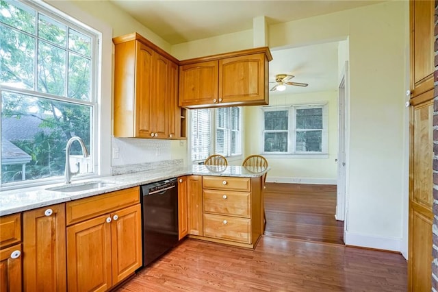 kitchen with ceiling fan, dishwasher, light stone countertops, sink, and hardwood / wood-style flooring