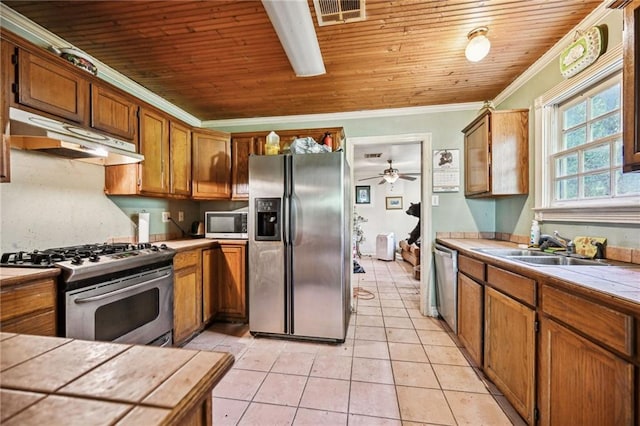 kitchen featuring appliances with stainless steel finishes, wooden ceiling, ornamental molding, tile counters, and sink