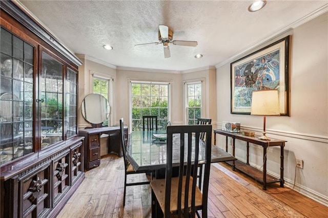 dining space with ornamental molding, light hardwood / wood-style flooring, a textured ceiling, and ceiling fan