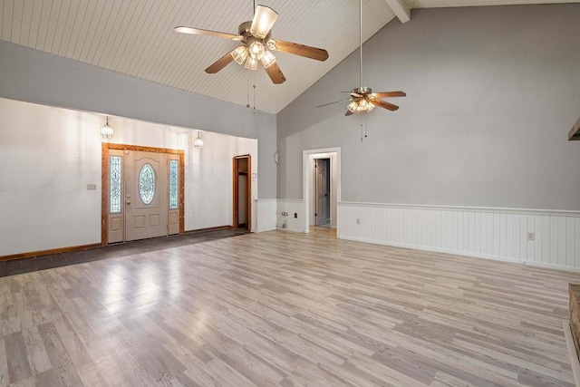 unfurnished living room featuring high vaulted ceiling, ceiling fan, and light hardwood / wood-style flooring