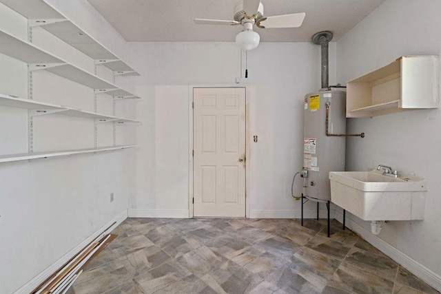 laundry room featuring sink, ceiling fan, and gas water heater