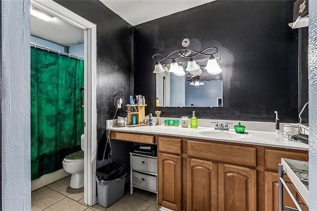 bathroom featuring tile patterned flooring, vanity, toilet, and walk in shower