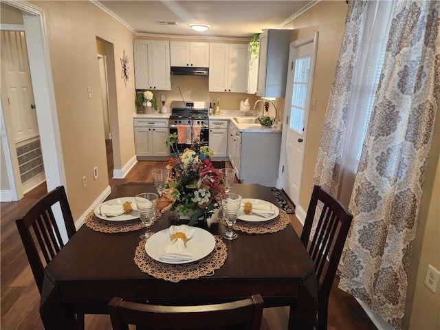 dining room featuring ornamental molding, sink, and dark wood-type flooring