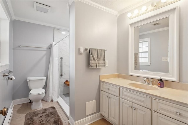 bathroom with tile patterned floors, toilet, a baseboard radiator, a shower with shower curtain, and vanity