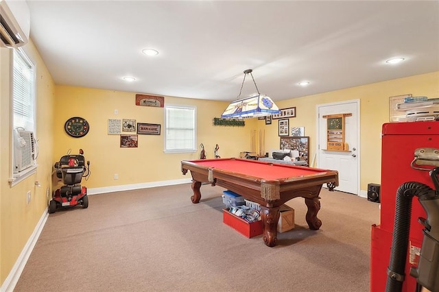 playroom with cooling unit, an AC wall unit, billiards, and carpet