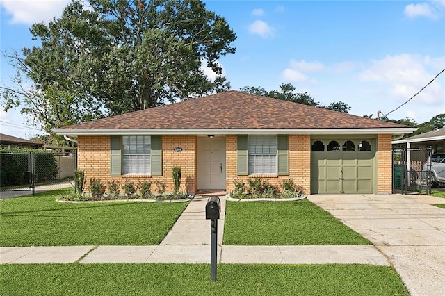 ranch-style home featuring a garage and a front lawn