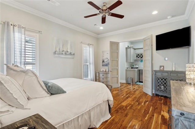 bedroom with multiple windows, dark hardwood / wood-style floors, ceiling fan, and crown molding