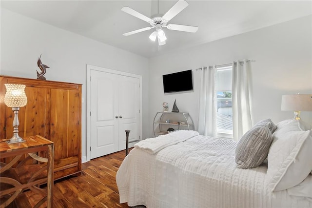 bedroom featuring ceiling fan, dark wood-type flooring, and a closet