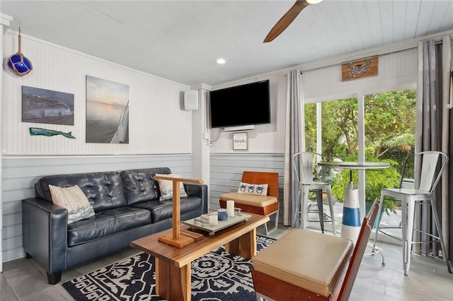 living room with ceiling fan