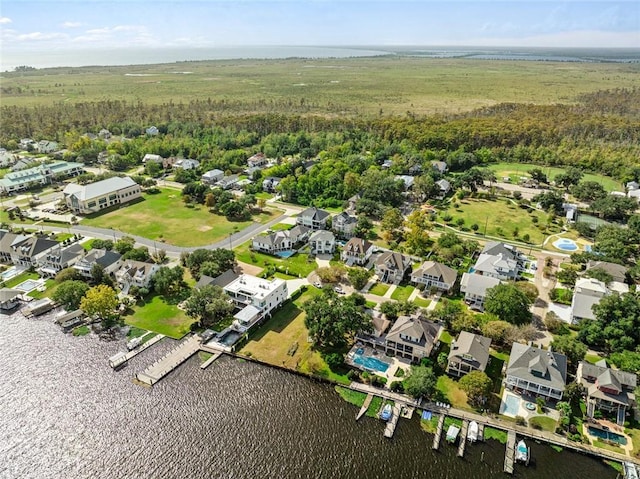 drone / aerial view featuring a water view