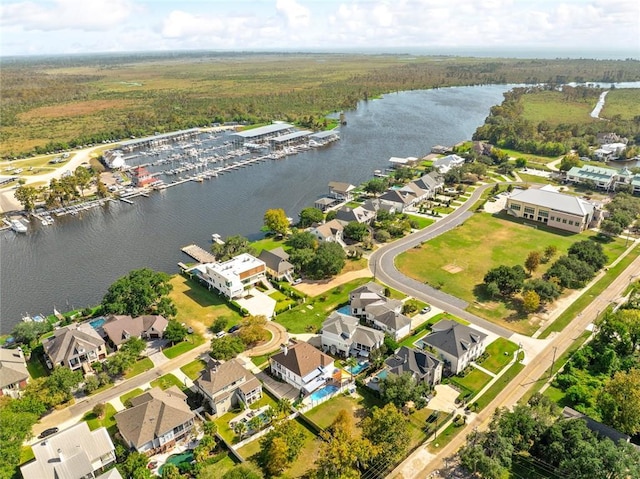 drone / aerial view featuring a water view