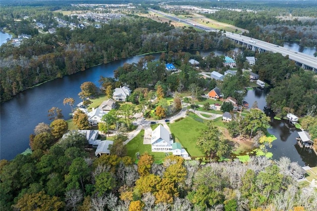 drone / aerial view featuring a water view and a view of trees