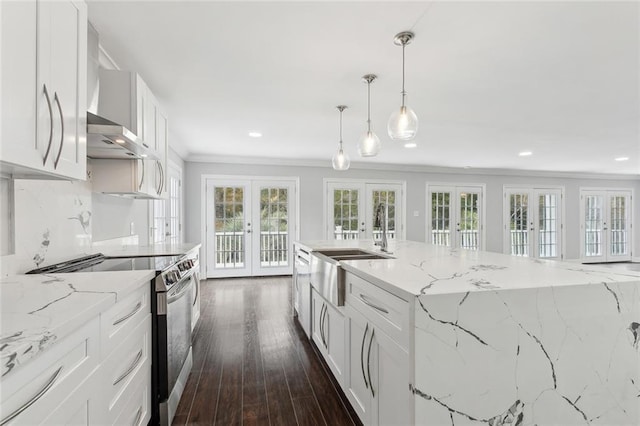 69027 Riverbend Dr, Covington, LA 70433 - kitchen featuring french doors, stainless steel electric range, ornamental molding, white cabinetry, and recessed lighting