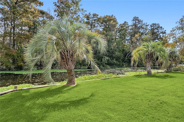 view of home's community with a water view and a lawn