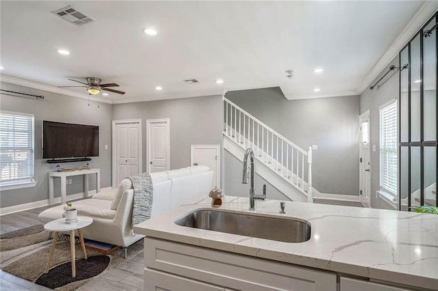 kitchen with light hardwood / wood-style floors, light stone counters, ornamental molding, and sink