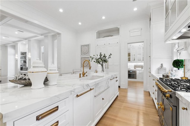 kitchen featuring white cabinetry, sink, light stone countertops, and light wood-type flooring