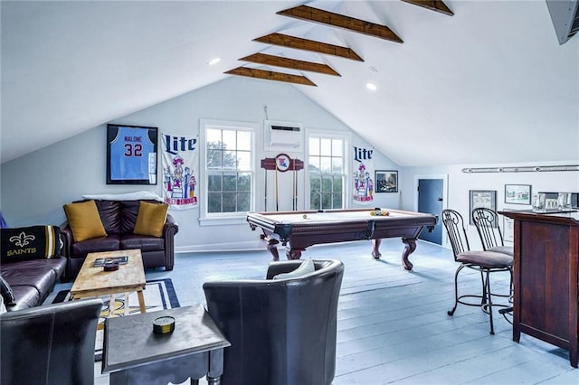 rec room with pool table, light hardwood / wood-style flooring, lofted ceiling with beams, and a wall mounted AC