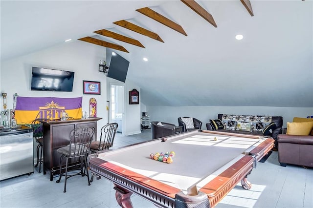 rec room with vaulted ceiling with beams, bar, billiards, and light hardwood / wood-style floors