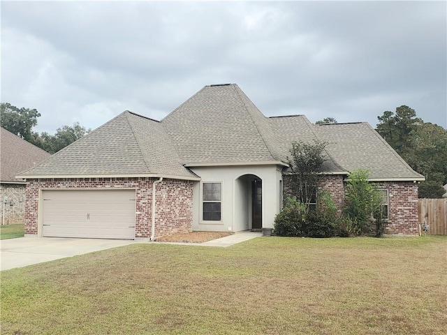 french country inspired facade with a front lawn and a garage