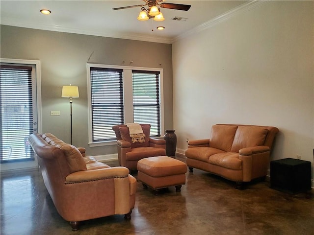 living room with crown molding and ceiling fan