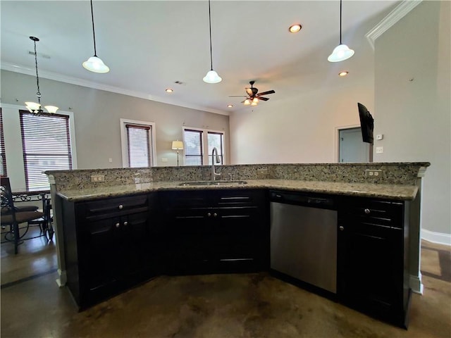 kitchen featuring crown molding, sink, stainless steel dishwasher, and decorative light fixtures