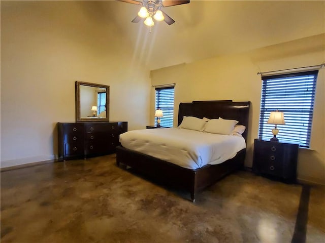 bedroom with dark carpet, a towering ceiling, and ceiling fan