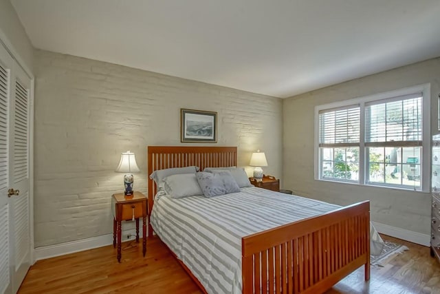 bedroom featuring wood-type flooring and a closet