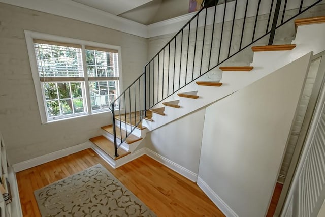 stairway with hardwood / wood-style floors