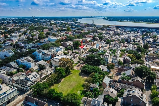 drone / aerial view with a water view