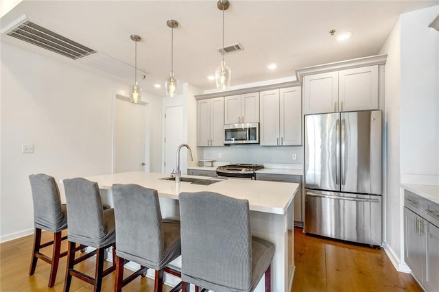 kitchen with stainless steel appliances, a kitchen island with sink, gray cabinetry, and sink