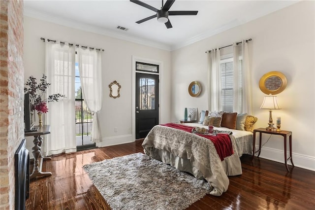 2835 Danneel St, New Orleans, LA 70115 - bedroom with access to exterior, dark wood-style floors, baseboards, ornamental molding, and a ceiling fan