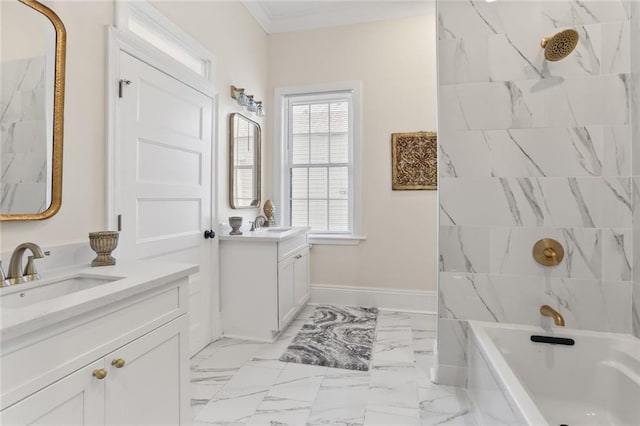 bathroom featuring crown molding, vanity, and separate shower and tub