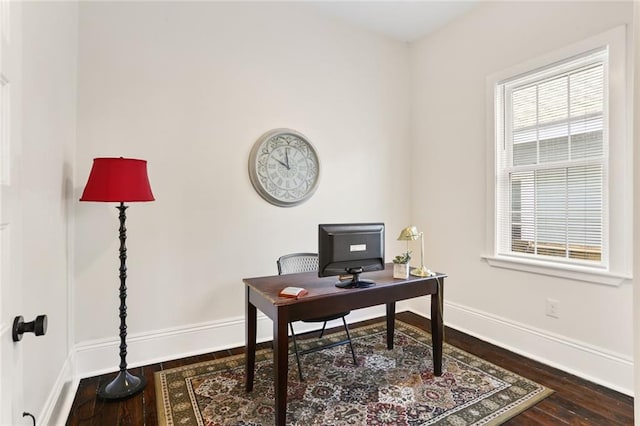 home office with dark hardwood / wood-style flooring