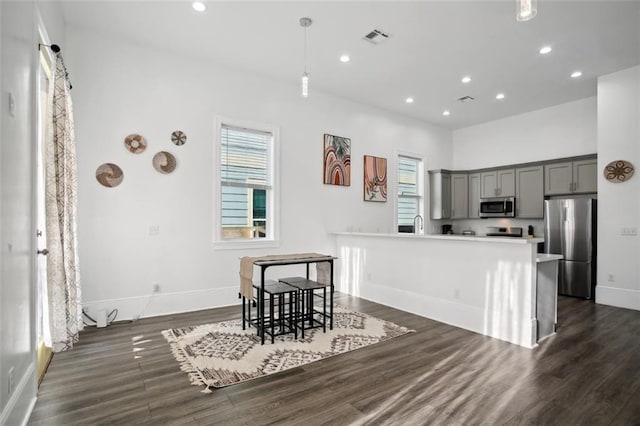 kitchen featuring gray cabinetry, a center island, dark hardwood / wood-style floors, and stainless steel appliances