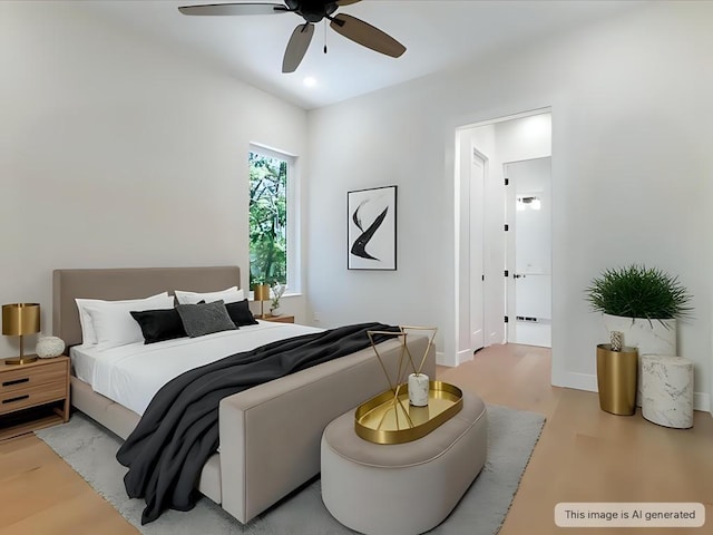 bedroom with light wood-style floors, a ceiling fan, and recessed lighting