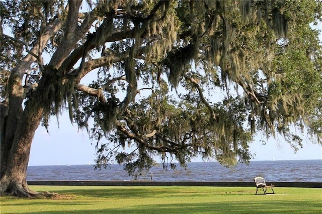 surrounding community with a water view and a yard