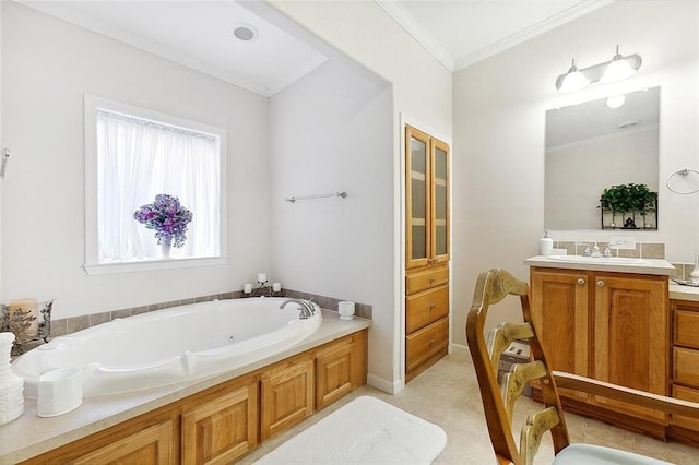 bathroom with vanity, ornamental molding, and a washtub