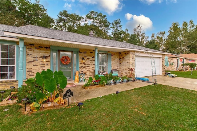 ranch-style home with a front yard and a garage