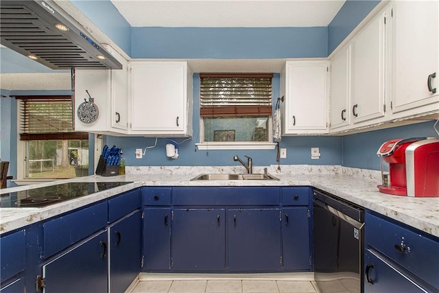 kitchen with black appliances, sink, blue cabinets, white cabinetry, and range hood