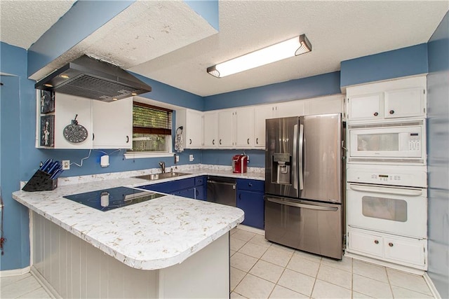 kitchen with kitchen peninsula, exhaust hood, white cabinetry, sink, and stainless steel appliances