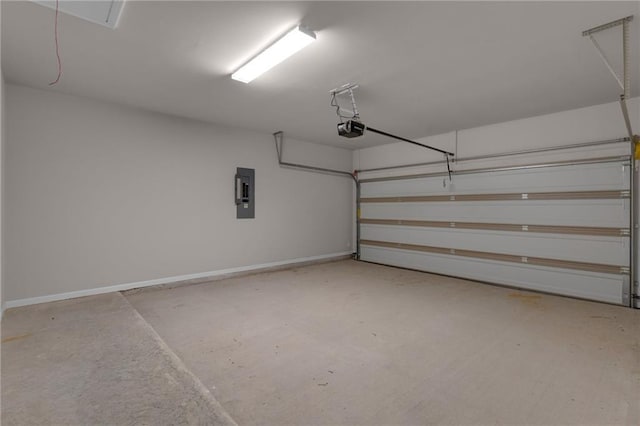 garage with electric panel and a garage door opener