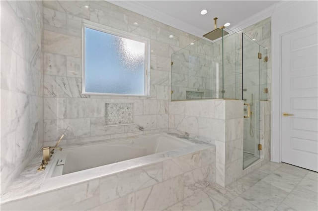 bathroom featuring separate shower and tub and crown molding