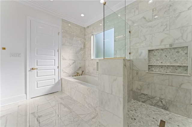 bathroom with crown molding and shower with separate bathtub