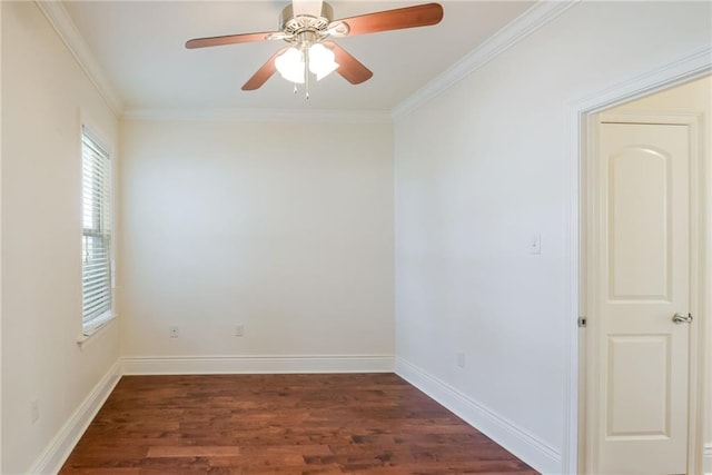 unfurnished room with crown molding, dark hardwood / wood-style floors, and ceiling fan