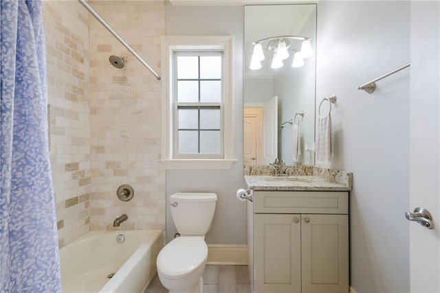 full bathroom featuring shower / bath combination with curtain, hardwood / wood-style flooring, toilet, ornamental molding, and vanity