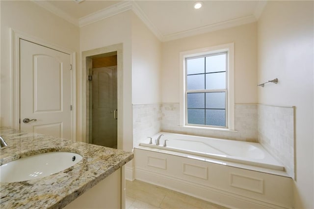 bathroom with vanity, ornamental molding, plus walk in shower, and tile patterned floors