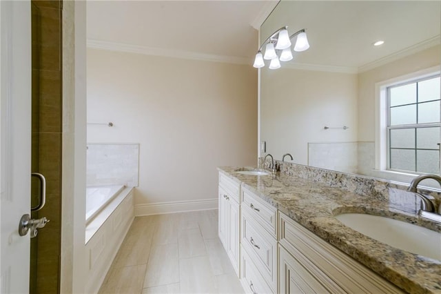 bathroom featuring vanity, crown molding, tiled bath, and tile patterned floors