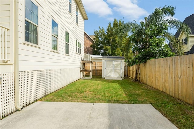 view of yard featuring a patio area and a storage shed