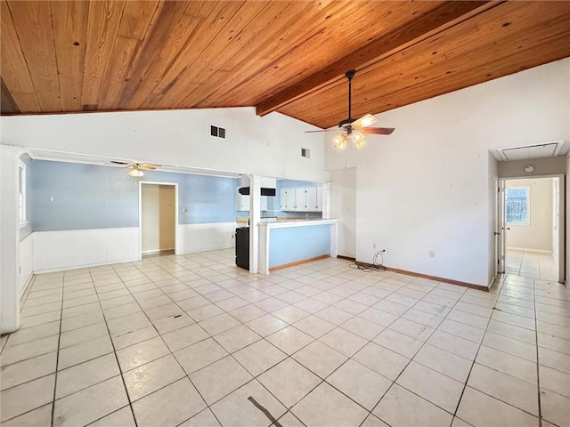 unfurnished living room with light tile patterned floors, beamed ceiling, wooden ceiling, and ceiling fan